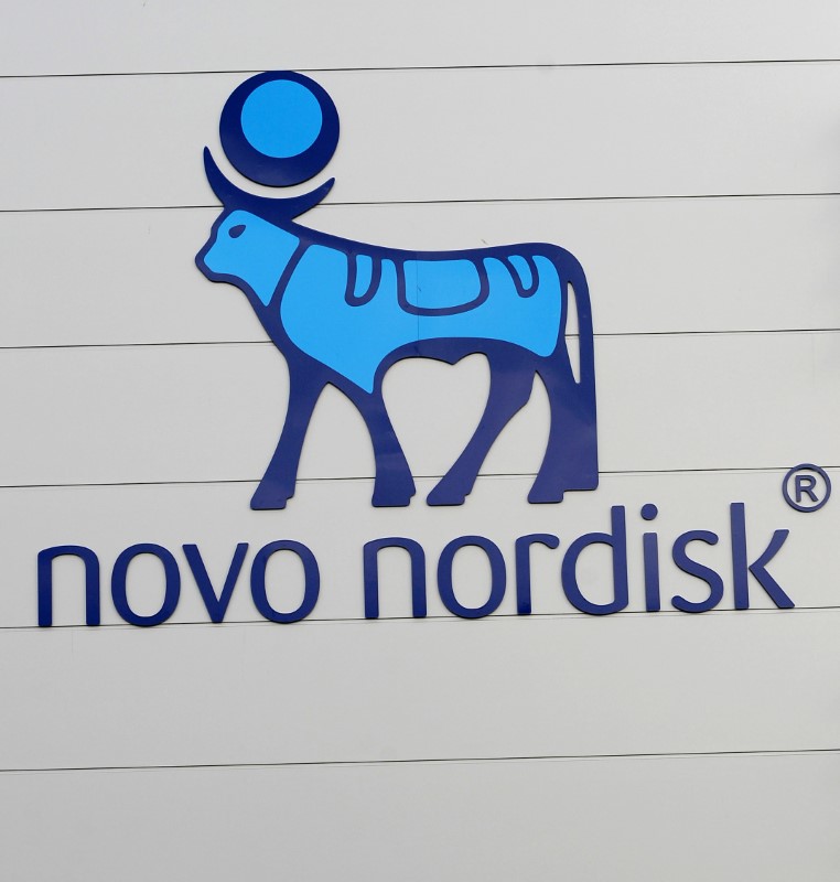 FILE PHOTO: FILE PHOTO: FILE PHOTO: The logo of Danish multinational pharmaceutical company Novo Nordisk is pictured on the facade of a production plant in Chartres