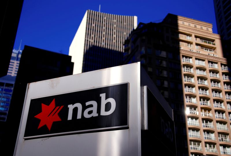 FILE PHOTO: The logo of the National Australia Bank is displayed outside their headquarters building in central Sydney