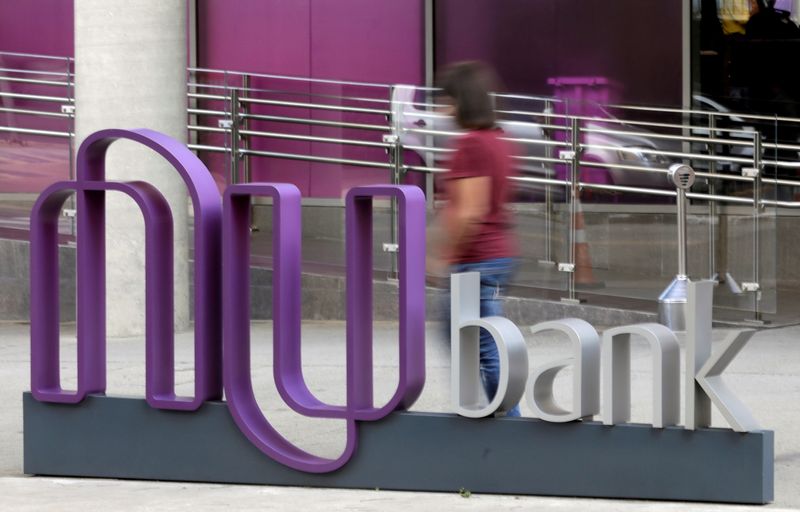 FILE PHOTO: The logo of Nubank, a Brazilian fintech startup, is pictured at the bank's headquarters in Sao Paulo