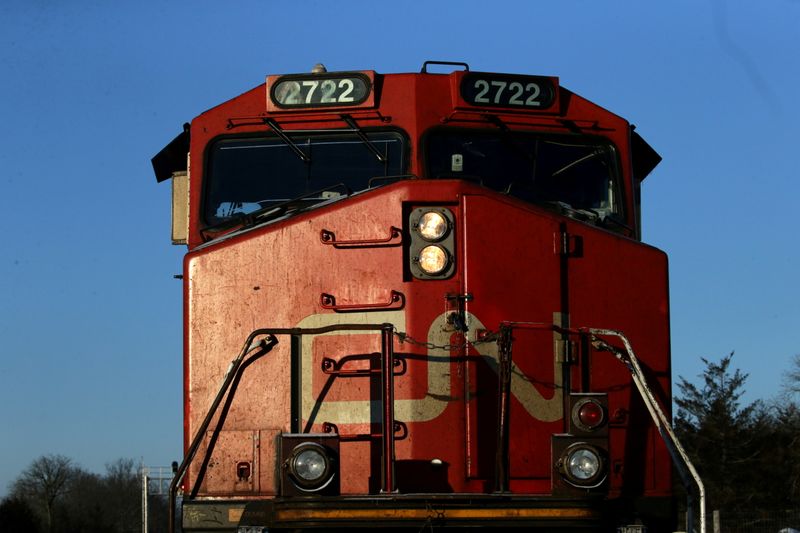 FILE PHOTO: A Canadian National Railway freight train remains halted in Tyendinaga