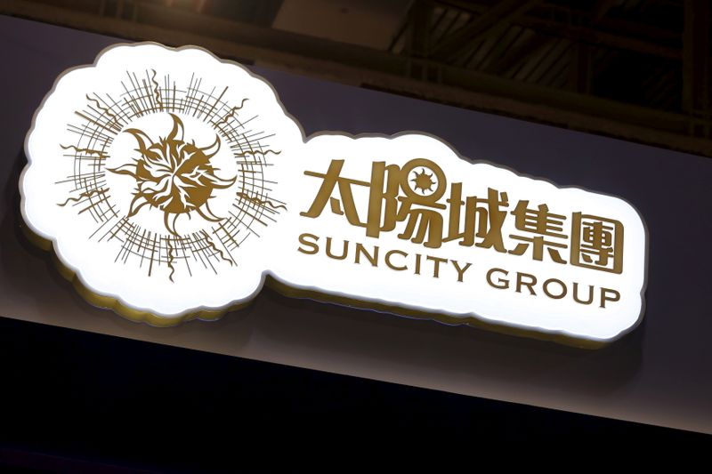 FILE PHOTO: A logo of Macau junket operator Suncity Group is seen at a gaming fair in Macau