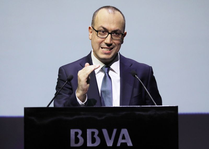 Spanish bank BBVA's Chief Executive Officer Onur Genc speaks during the annual results presentation at the company's headquarters in Madrid