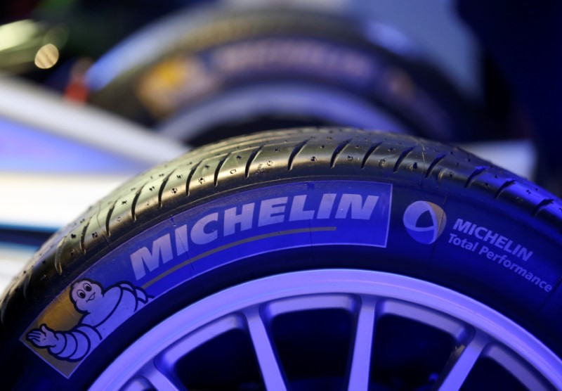 FILE PHOTO: The logo of French tyre maker Michelin is seen on a Formula E racing car in Rome, Italy