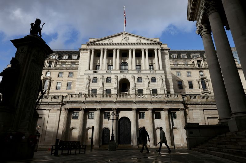 FILE PHOTO: People walk past the Bank of England, in London