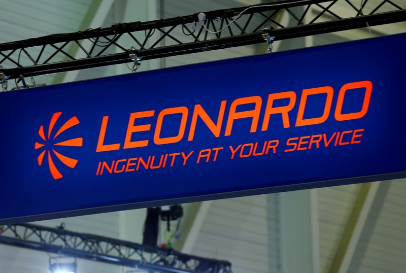 FILE PHOTO: A logo of defence group Leonardo is pictured on their booth during EBACE in Geneva