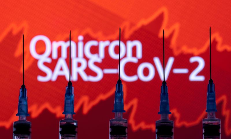 FILE PHOTO: Syringes with needles are seen in front of a displayed stock graph and words 