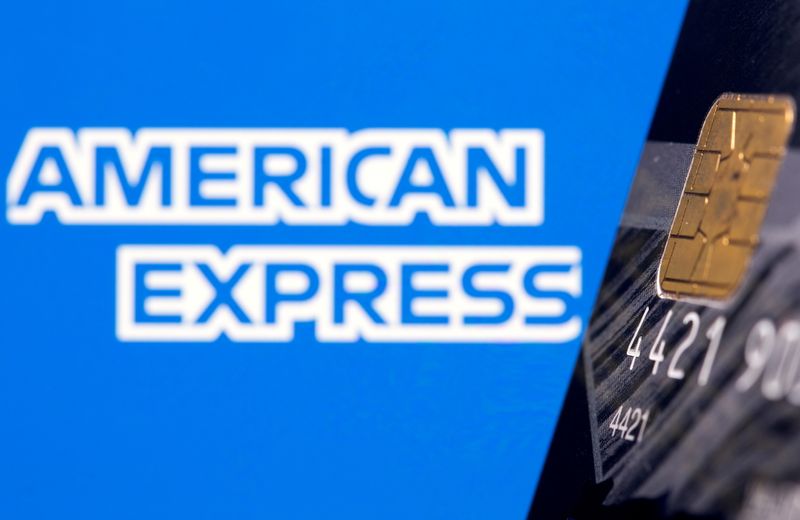 FILE PHOTO: Credit card is seen in front of displayed American Express logo in this illustration