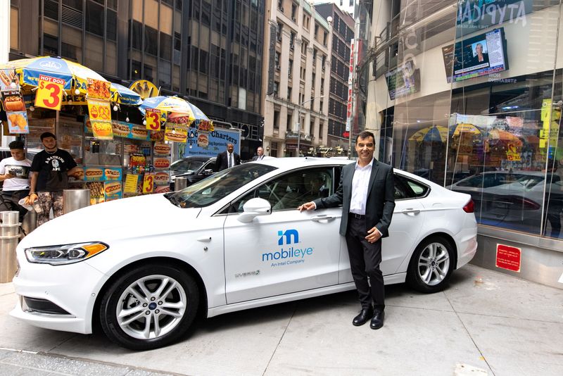 FILE PHOTO: Mobileye driverless technology at the Nasdaq Market site in New York