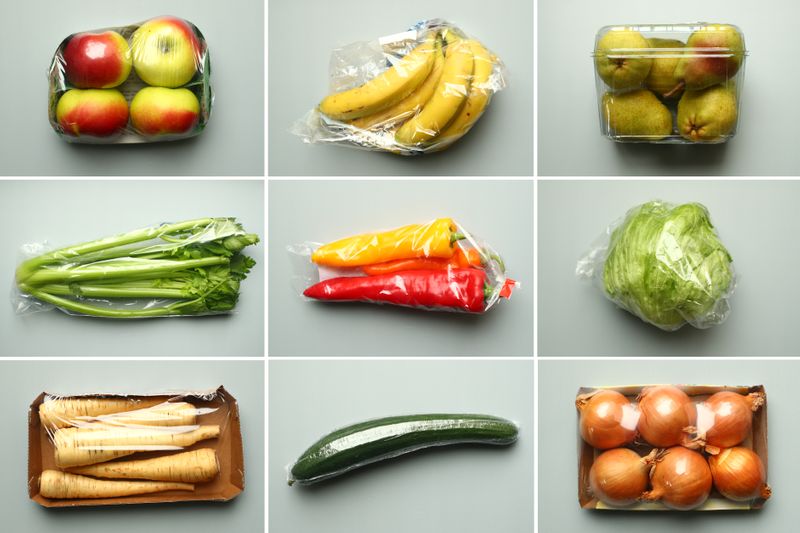 A combination of illustrations shows apples, bananas, pears, celery, peppers, a head of lettuce, parsnips, a cucumber and onions, wrapped in plastic as bought in a supermarket