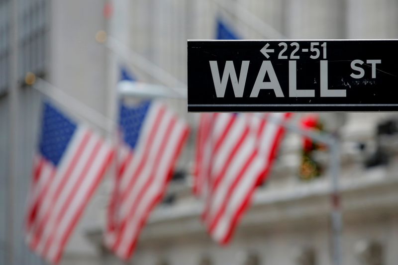 FILE PHOTO: A street sign for Wall Street is seen outside the New York Stock Exchange in Manhattan, New York City
