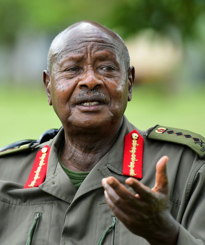 Uganda’s President Yoweri Museveni speaks during a Reuters interview at the National Leadership Institute in Kyankwanzi district