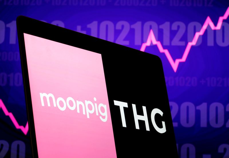 FILE PHOTO: Moonpig and THG (The Hut Group) logos are seen on laptop in front of displayed stock graph in this illustration