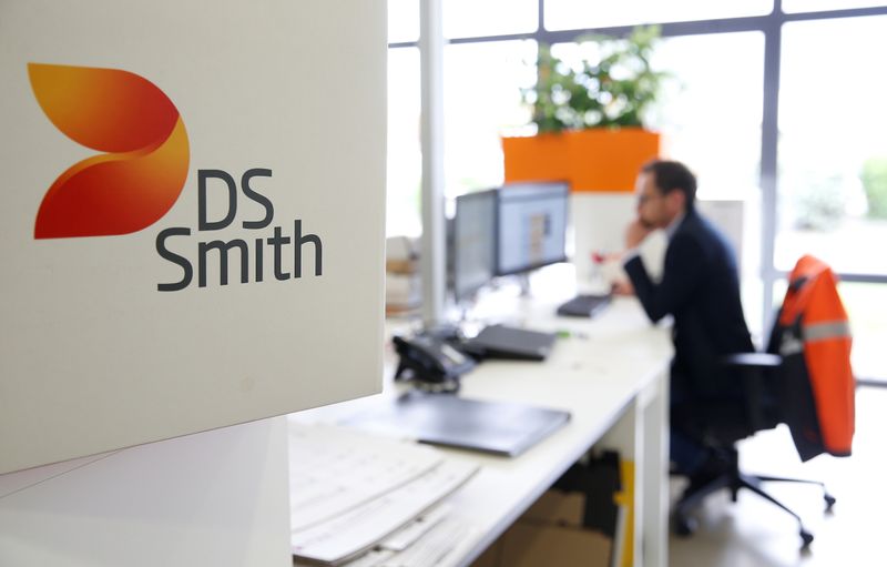 FILE PHOTO: The logo DS Smith is pictured inside the carboard box manufacturing company DS Smith Packaging Atlantique in La Chevroliere