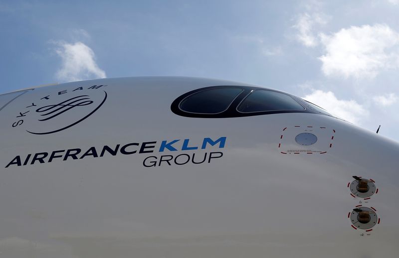 FILE PHOTO: Logo of Air France KLM Group is pictured on the first Air France airliner's Airbus A350 during a ceremony at the aircraft builder's headquarters of Airbus in Colomiers