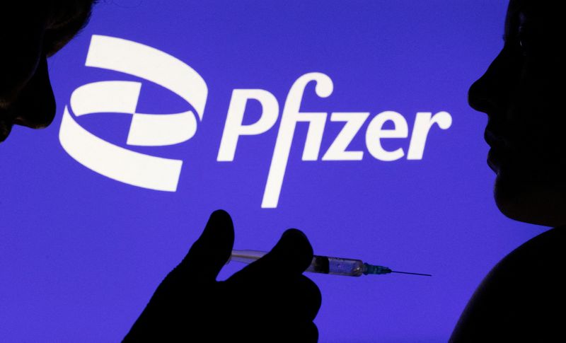 FILE PHOTO: People pose with syringe with needle in front of displayed Pfizer logo