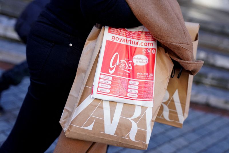 FILE PHOTO: A shopper carries bags from Zara clothes store in Bilbao