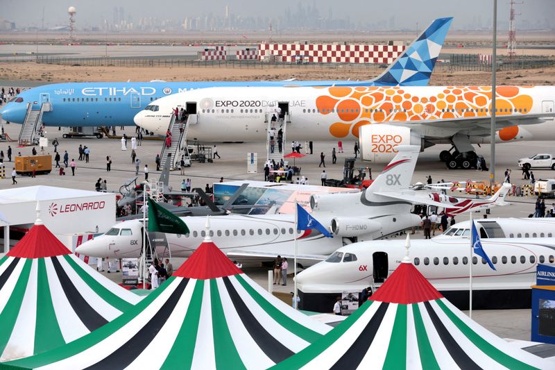 FILE PHOTO: Aircraft sit on static display during the fifth day of Dubai Air Show in Dubai