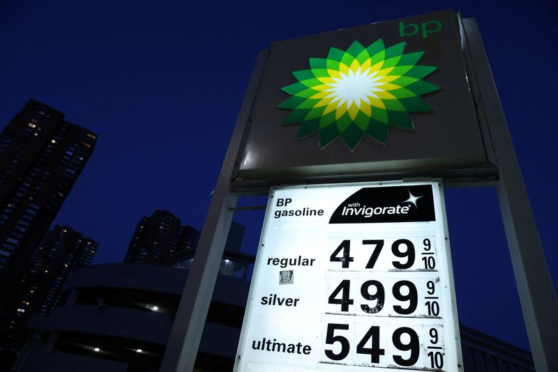 Gas prices are seen displayed at a BP gas station in Manhattan, New York City