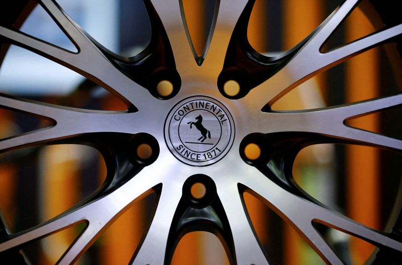 FILE PHOTO: The logo of Continental is pictured on a rim in Hanover