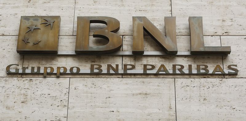 The logo of  BNL (Bnp group Paribas) bank is seen in Naples