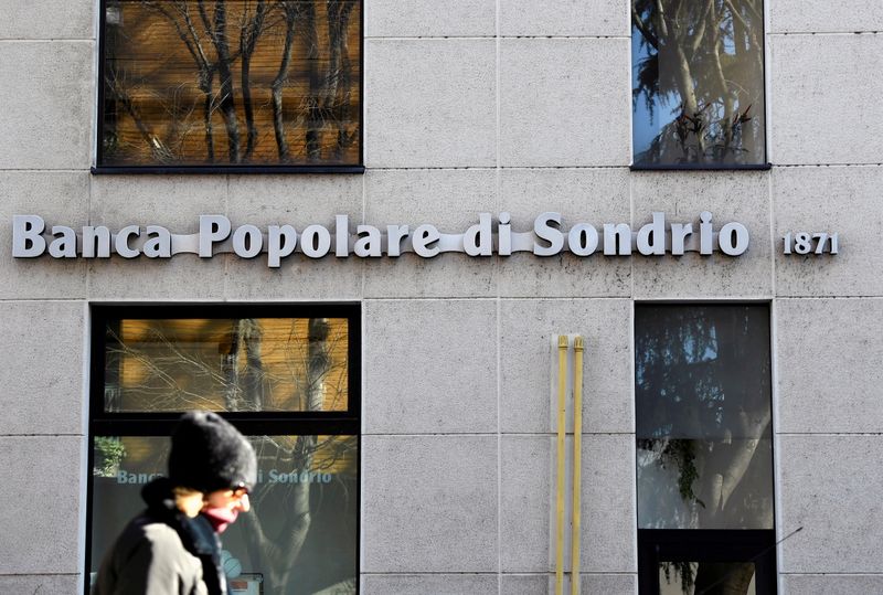 FILE PHOTO: The logo of Banca Popolare di Sondrio bank is pictured in Monza