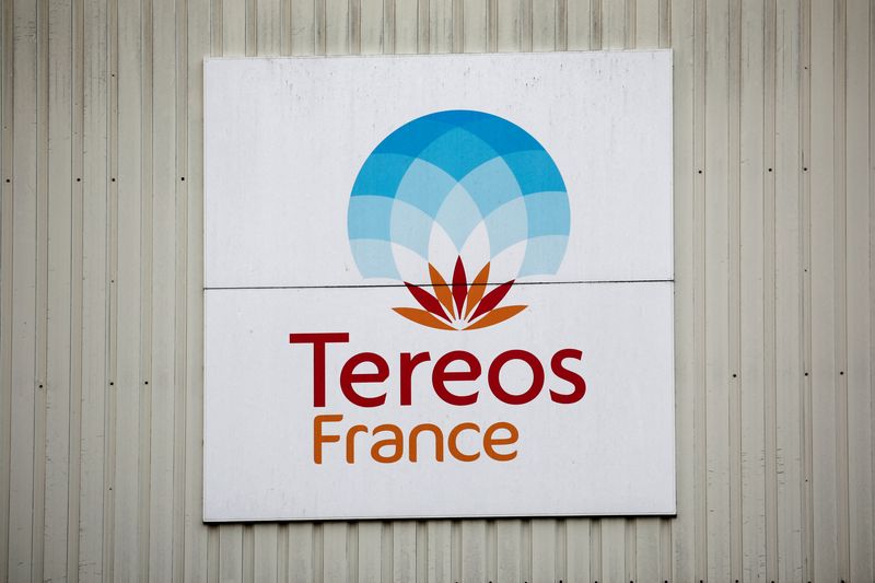 FILE PHOTO: The Tereos logo is displayed at a sugar beet processing plant in Chevrieres