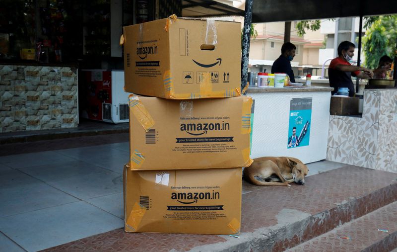 FILE PHOTO: Amazon delivery packages are seen outside a shop in Ahmedabad, India