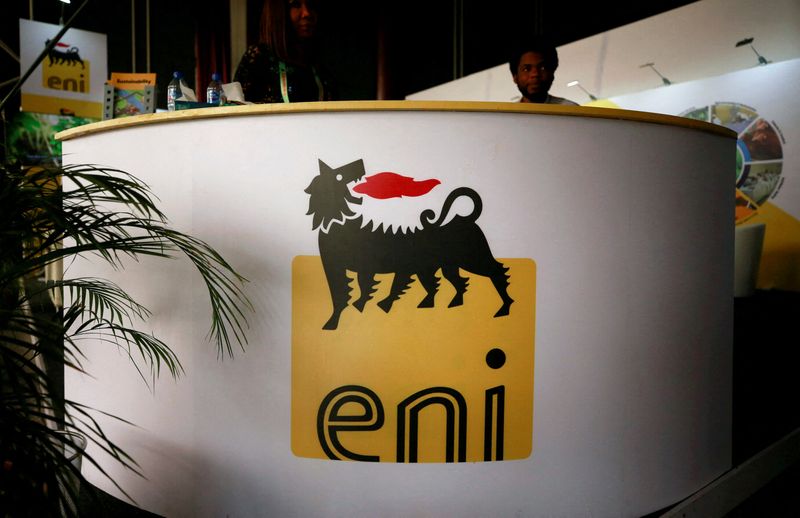 FILE PHOTO: The logo of Italian energy company Eni is seen on a booth stand during the Nigeria International Petroleum Summit in Abuja
