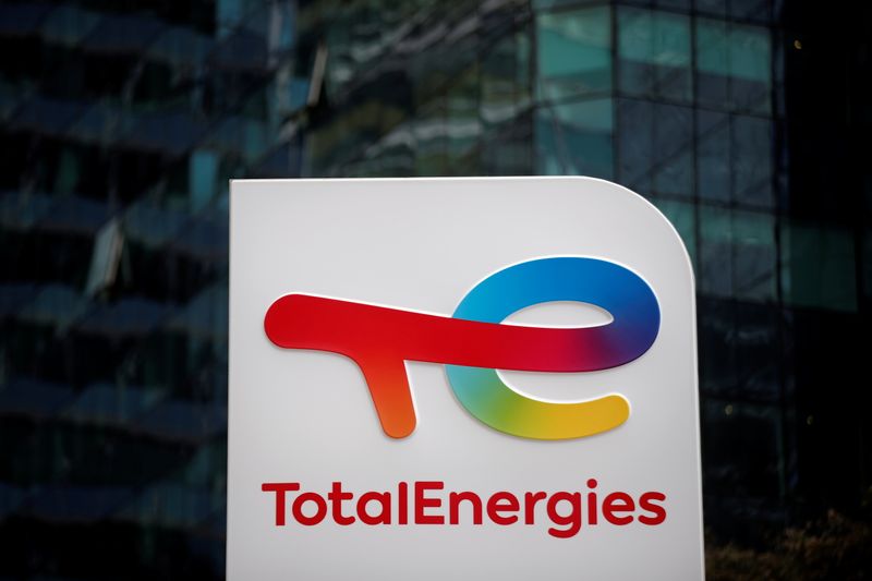 A general view of logo at the TotalEnergies electric vehicle fuelling station in the La Defense business district in Paris