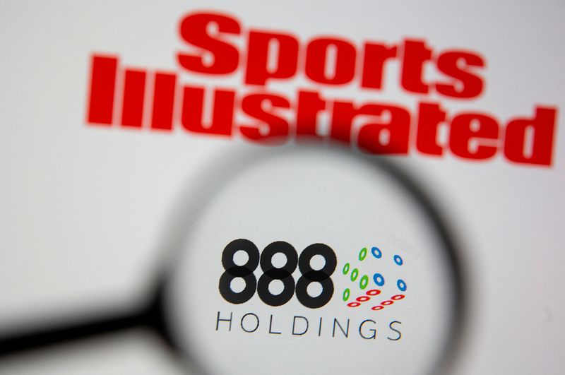 888 Holdings logo are seen through magnifier near Sports Illustrated logo in illustration taken