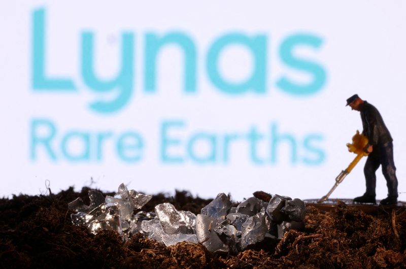 FILE PHOTO: Small toy figure and mineral imitation are seen in front of the Lynas Rare Earths logo in this illustration