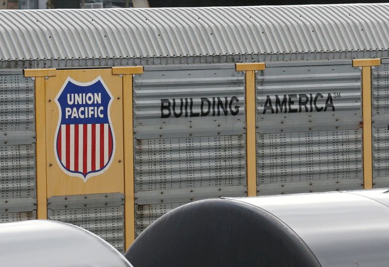 FILE PHOTO: A Union Pacific rail car is parked at a Burlington Northern Santa Fe (BNSF) train yard in Seattle
