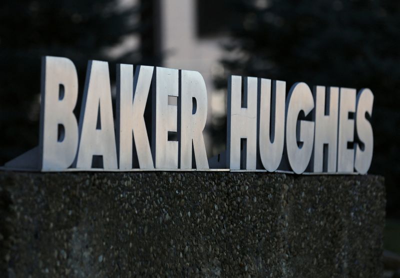 FILE PHOTO: A Baker Hughes sign is displayed outside the oil logistics company's local office in Sherwood Park