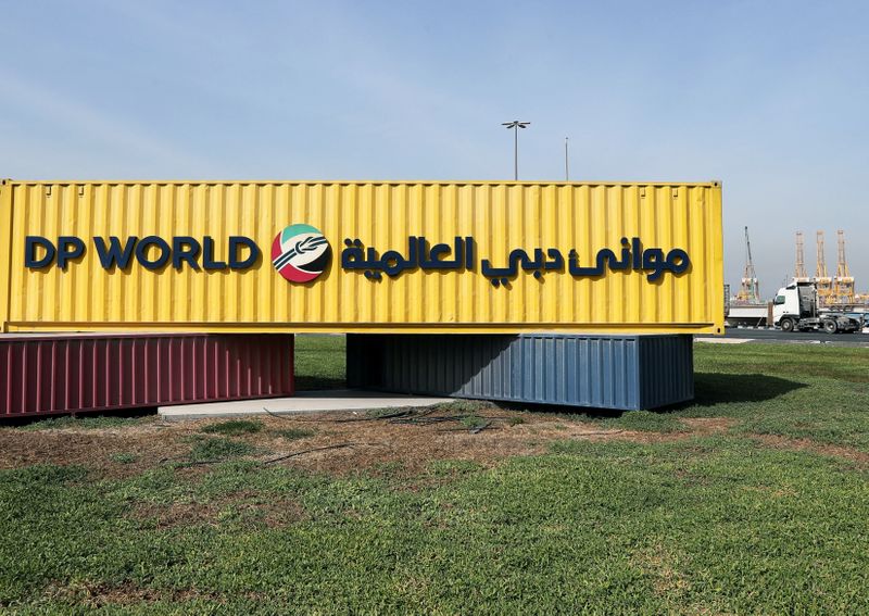 Corporate logo of DP World is seen at Jebel Ali Port in Dubai