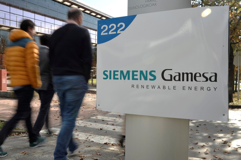 FILE PHOTO: The Siemens Gamesa logo is displayed outside the company headquarters in Zumudio near Bilbao