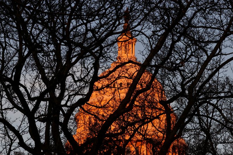 FILE PHOTO: Seen through a thicket of tree branches, the U.S. Capitol dome glows with the sunset in Washington