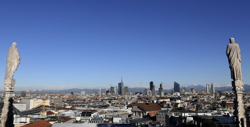 Milan's business district skyline is seen from Duomo's Cathedral downtown Milan