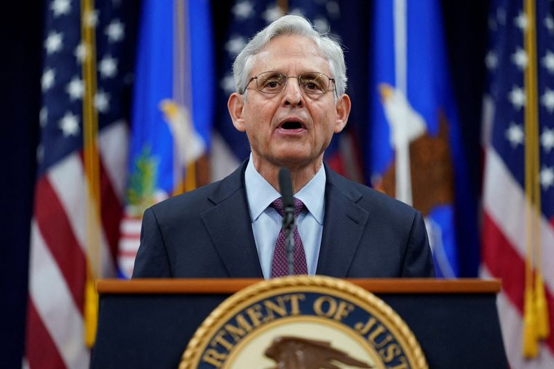 FILE PHOTO: U.S. Attorney General Merrick Garland  speaks at the Department of Justice in Washington