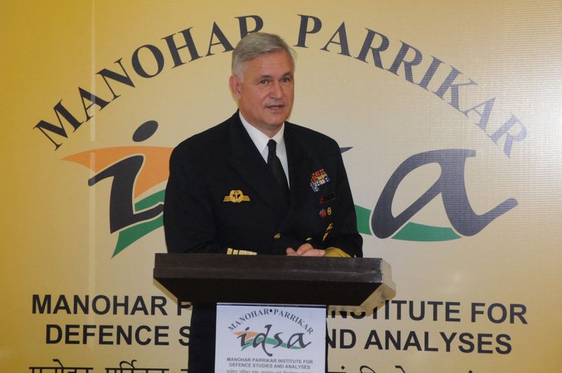 German Navy Vice Admiral Schoenbach speaks during a lecture at the Manohar Parrikar Institute for Defence Studies and Analyses (MP-IDSA) in New Delhi