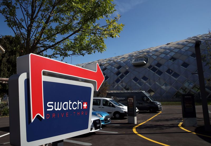 A Swatch logo is pictured in front of the newly built headquarters in Biel