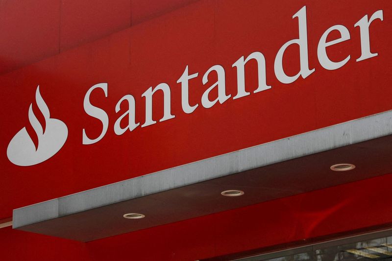 FILE PHOTO: The logo of Santander bank is seen at a branch in Mexico City