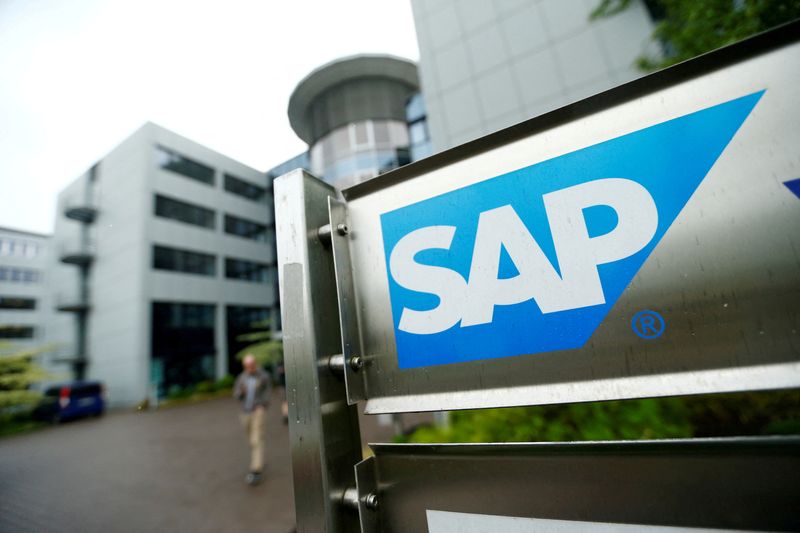 FILE PHOTO: FILE PHOTO: The logo of German software group SAP is pictured at its headquarters in Walldorf