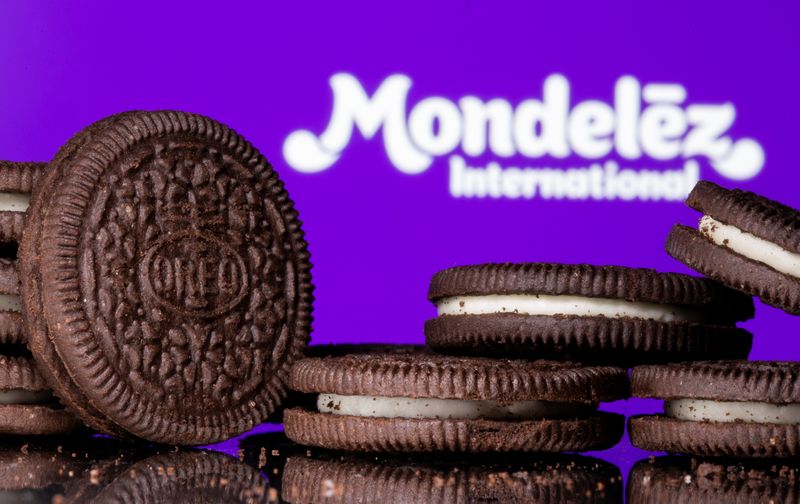 Oreo biscuits are seen displayed displayed in front of Mondelez International logo in this illustration picture