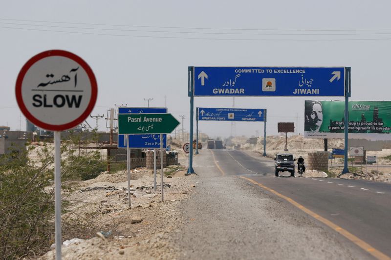 A general view of signs along a highway leading to Gwadar,
