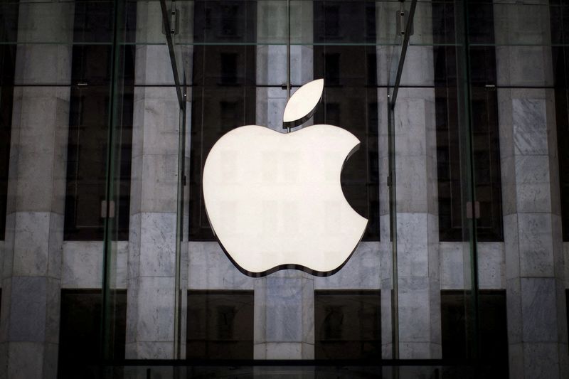 FILE PHOTO: An Apple logo hangs above the entrance to the Apple store on 5th Avenue in the Manhattan borough of New York City