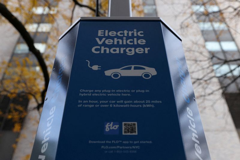 An electric vehicle charger is seen in Manhattan, New York