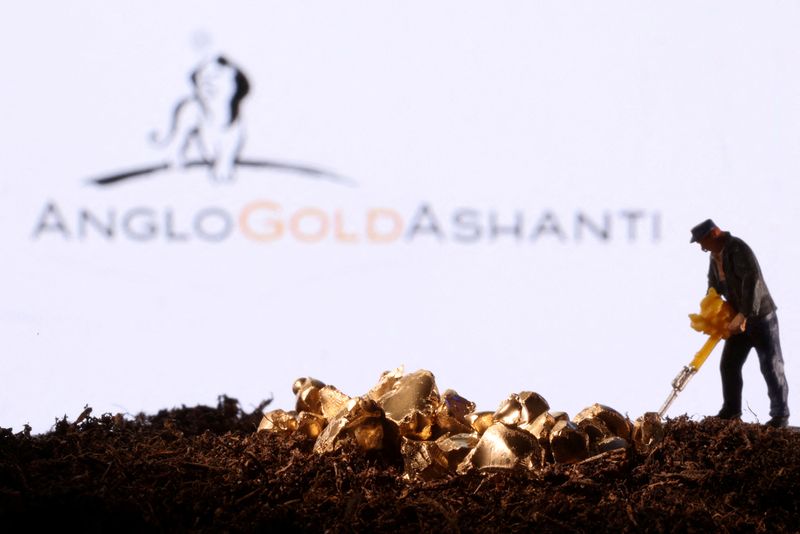FILE PHOTO: Small toy figure and gold imitation are seen in front of the AngloGold Ashanti logo in this illustration