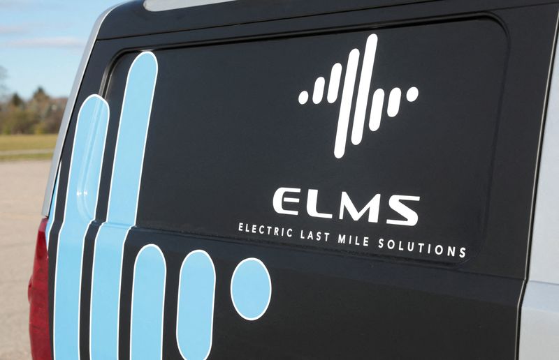 The logo to U.S. commercial electric vehicle maker Electric Last Mile Solutions (ELMS) is seen on the side of its electric Urban Utility van