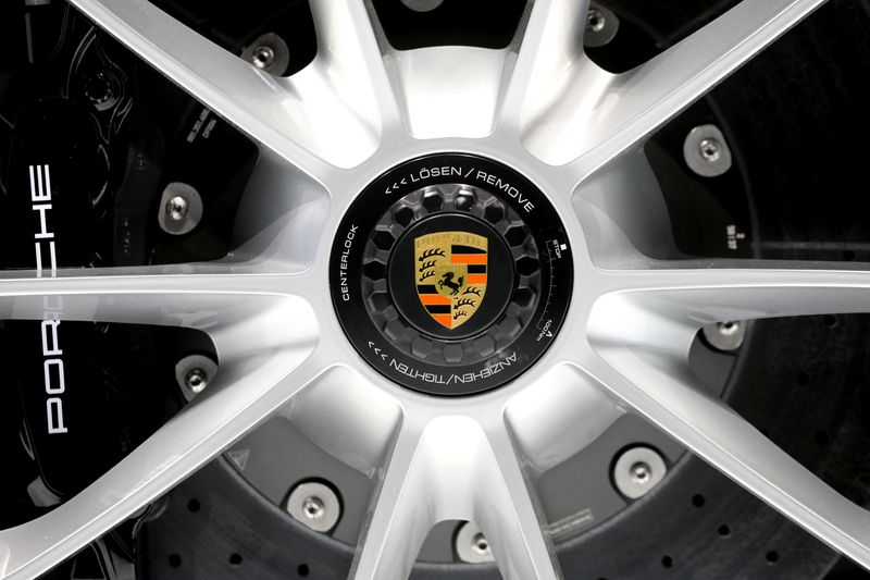 FILE PHOTO: The Porsche logo seen on wheel as 2020 Porsche 911 Speedster is revealed at the 2019 New York International Auto Show in New York