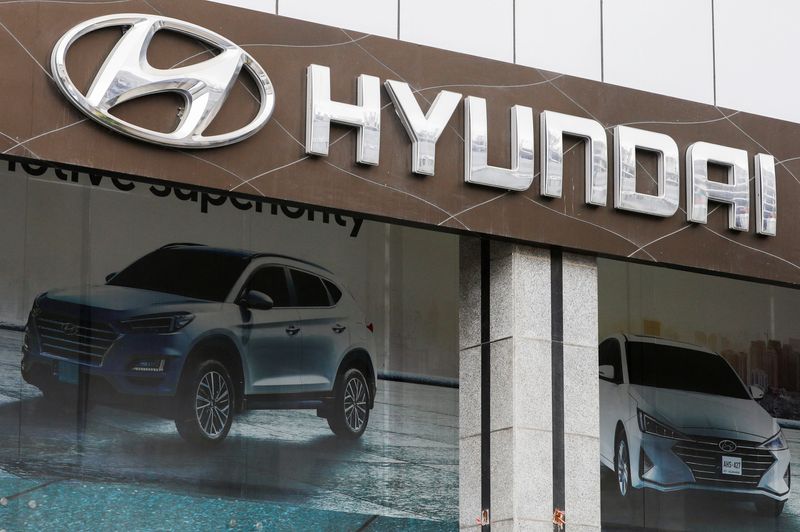 Hyundai logo is seen at a Hyundai City Store, a company operated outlet, in Karachi